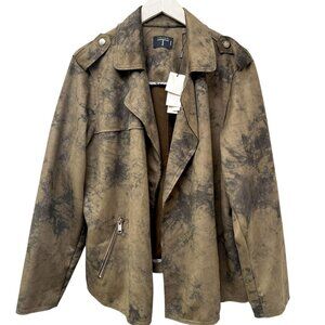 TAHARI Womens Moto Jacket Plus Size 2X Olive Tan Tie Dye Stretch Faux Suede NWT